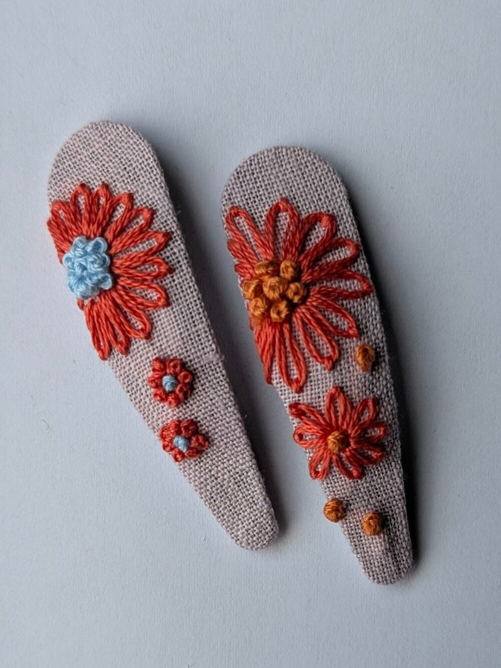 New Orange Daisies hand embroidered linen cotton hair clips handmade accessories